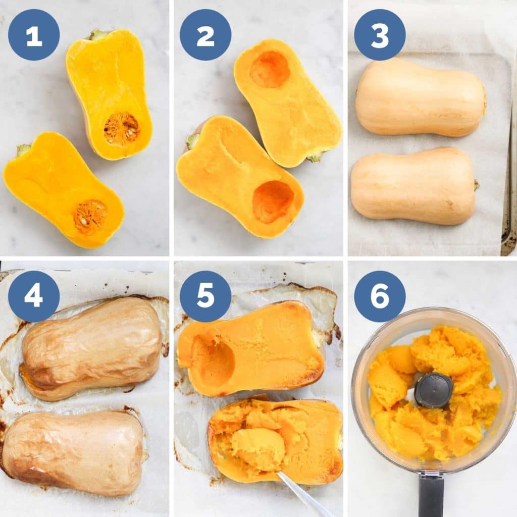 Collage of 6 Images Showing the Process Steps to Making Butternut Squash Puree