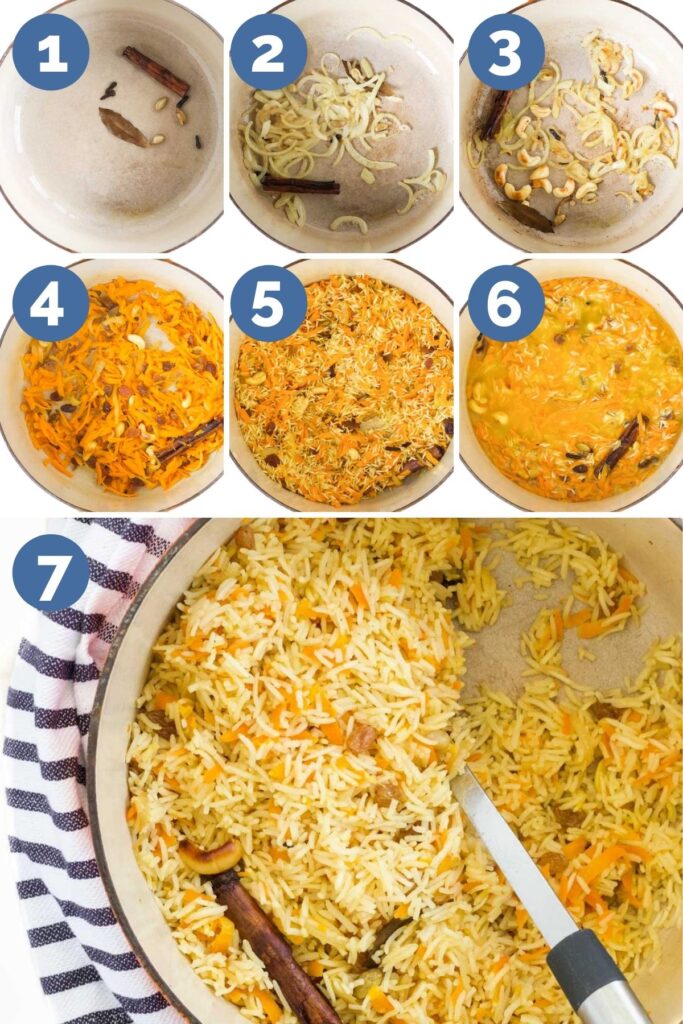 Collage of 7 Images Showing Process Steps for Making Carrot Rice