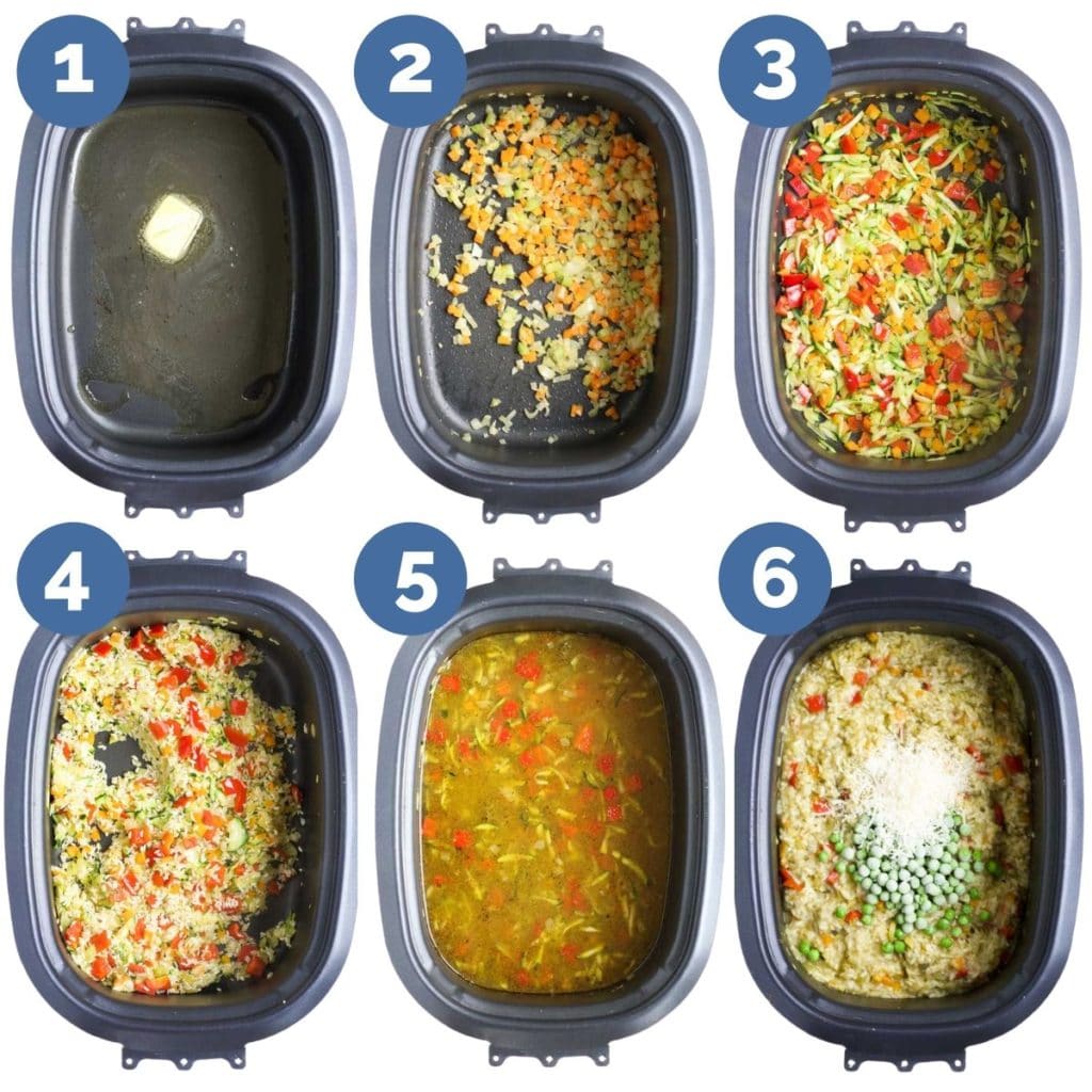 Collage of Six Images Showing the Process Steps to Making Slow Cooker Risotto