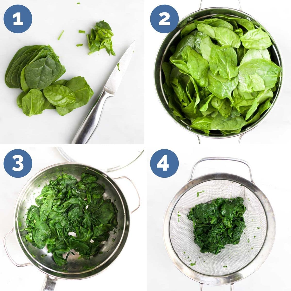 Collage of 4 Images Showing Process Steps for Making Spinach Puree