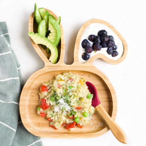 Slow Cooker Risotto on Toddler Plate Served with Veggie and Fruit