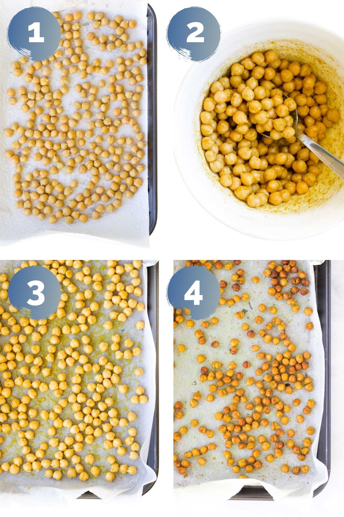 Collage of 4 Images Showing Different Process Steps to Making Baked Chickpeas