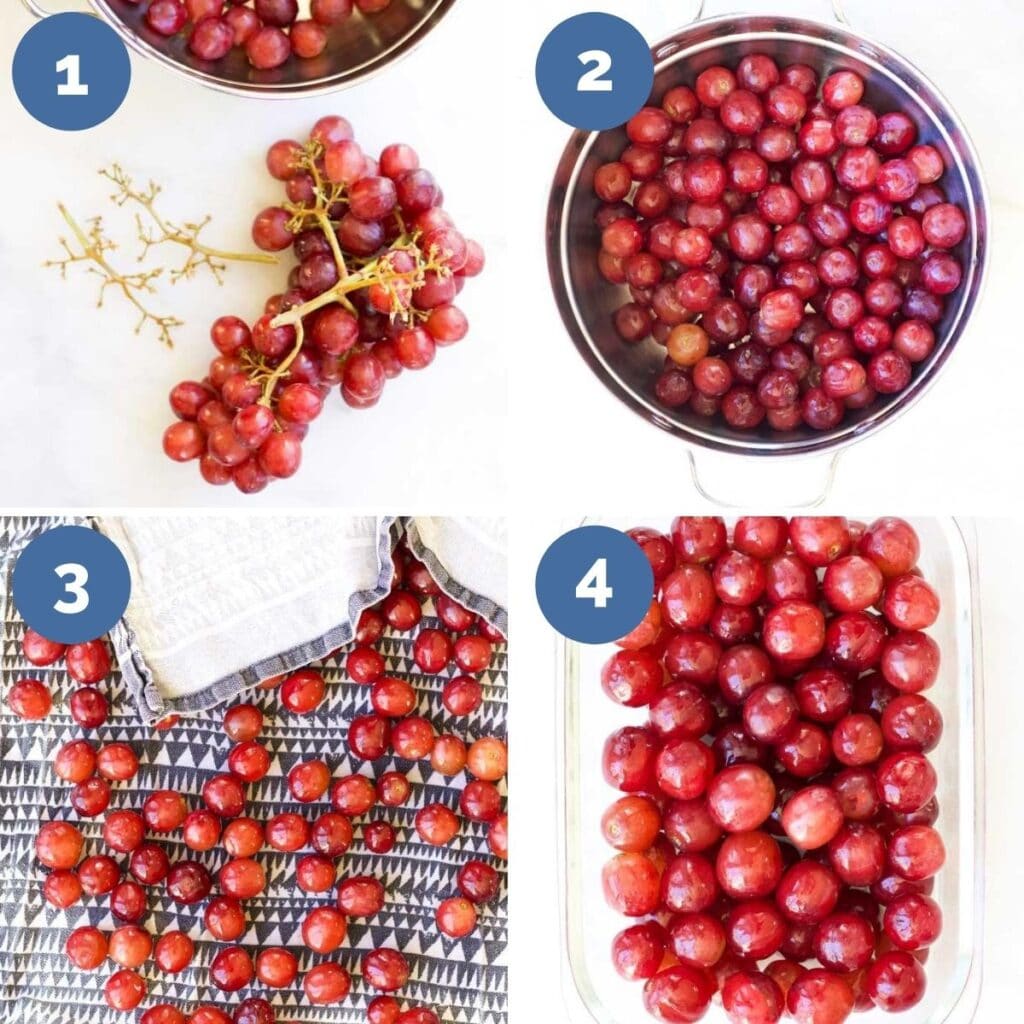 Collage of 4 Images Showing How to Make Frozen Grapes