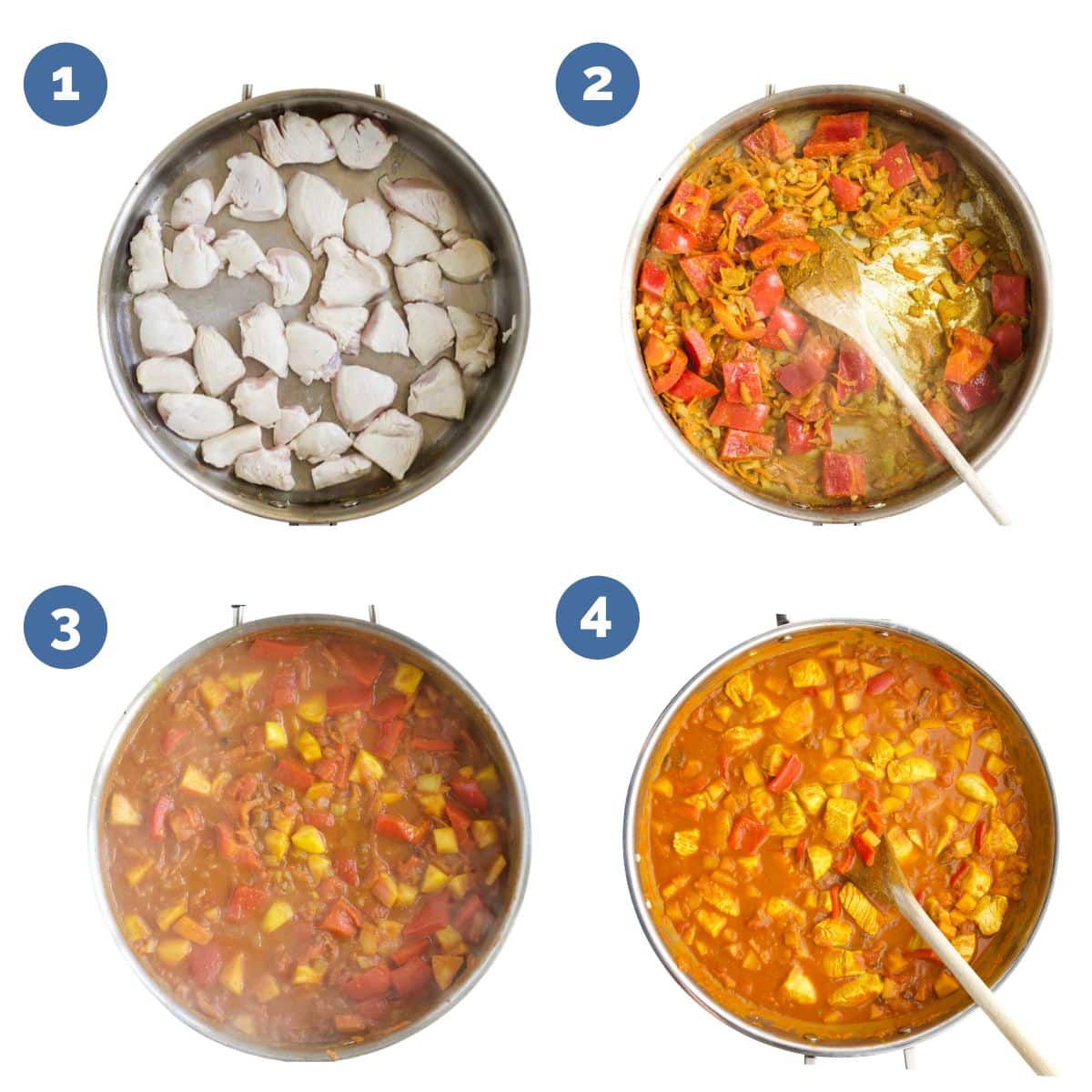 Collage of Four Images Showing How to Make Fruity Chicken Curry for Kids.