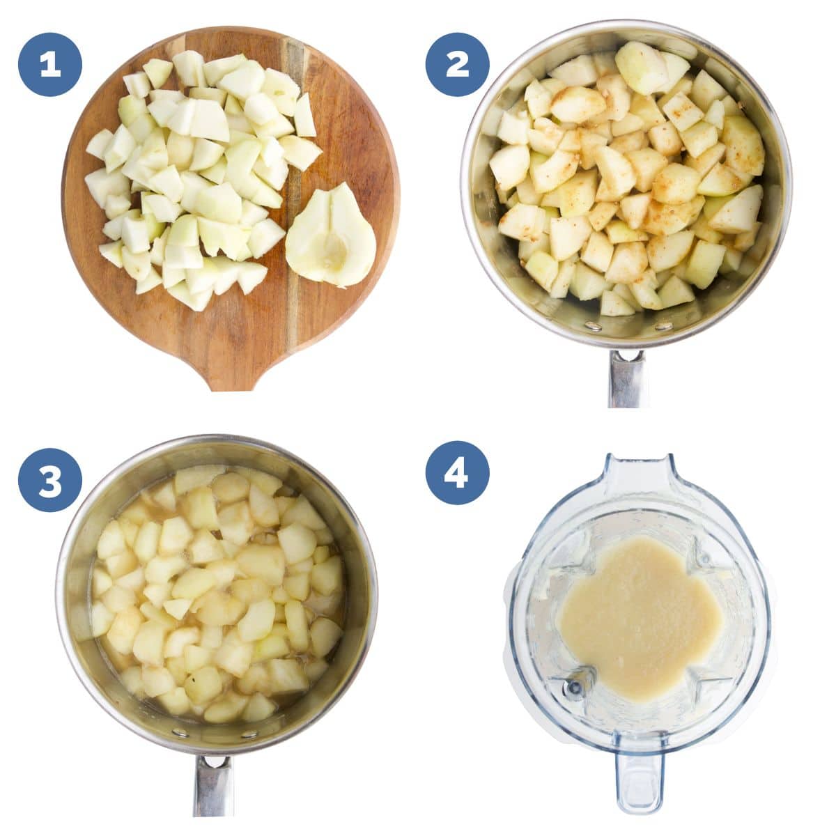 Pear Puree Process Steps. 1) Pears Chopped 2) Pears in Pan 3) Cooked Pears in Pan 4) Pear Puree in Blender.