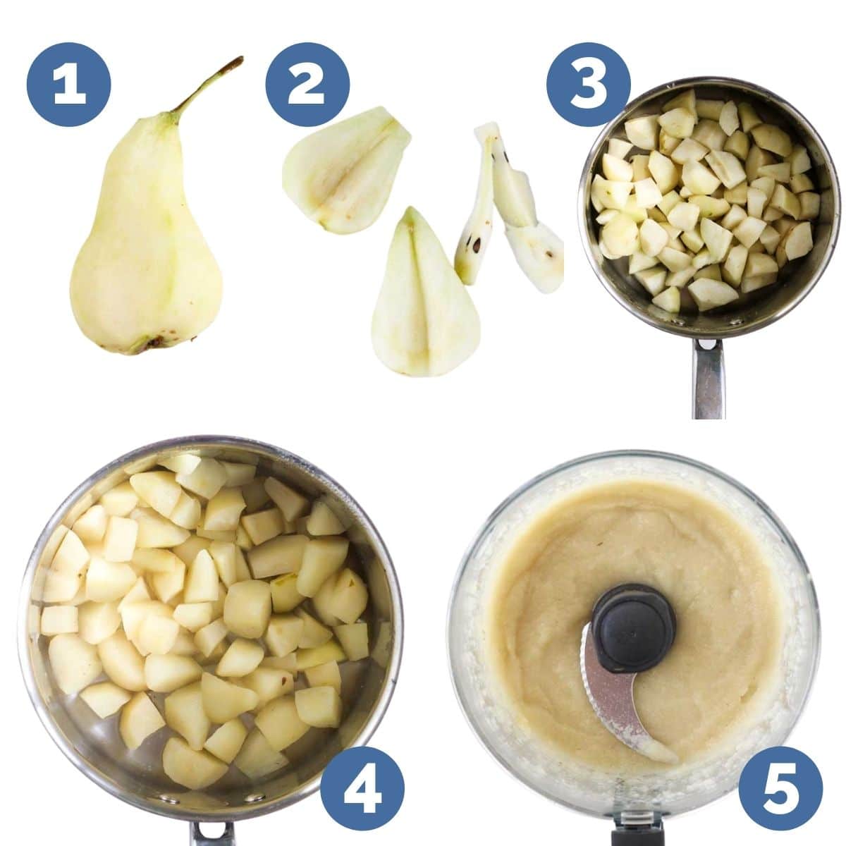 Collage of 5 Images Showing Process Steps To Making Pear Puree