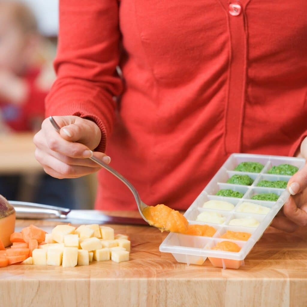 Women Spooning Baby Food into Ice Cube Tray