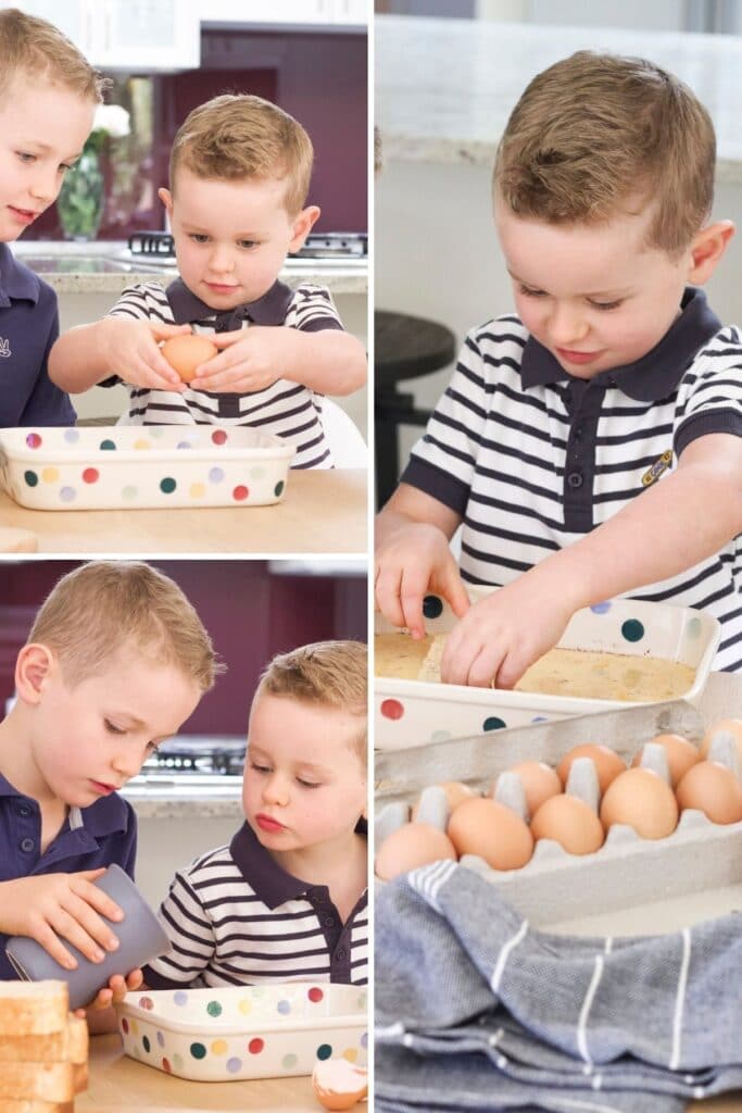 Collage of 3 Images of Two Boys Making Eggy Bread (1. Cracking Eggs, 2. Pouring Milk, 3. Dipping Bread in Egg Mixture)