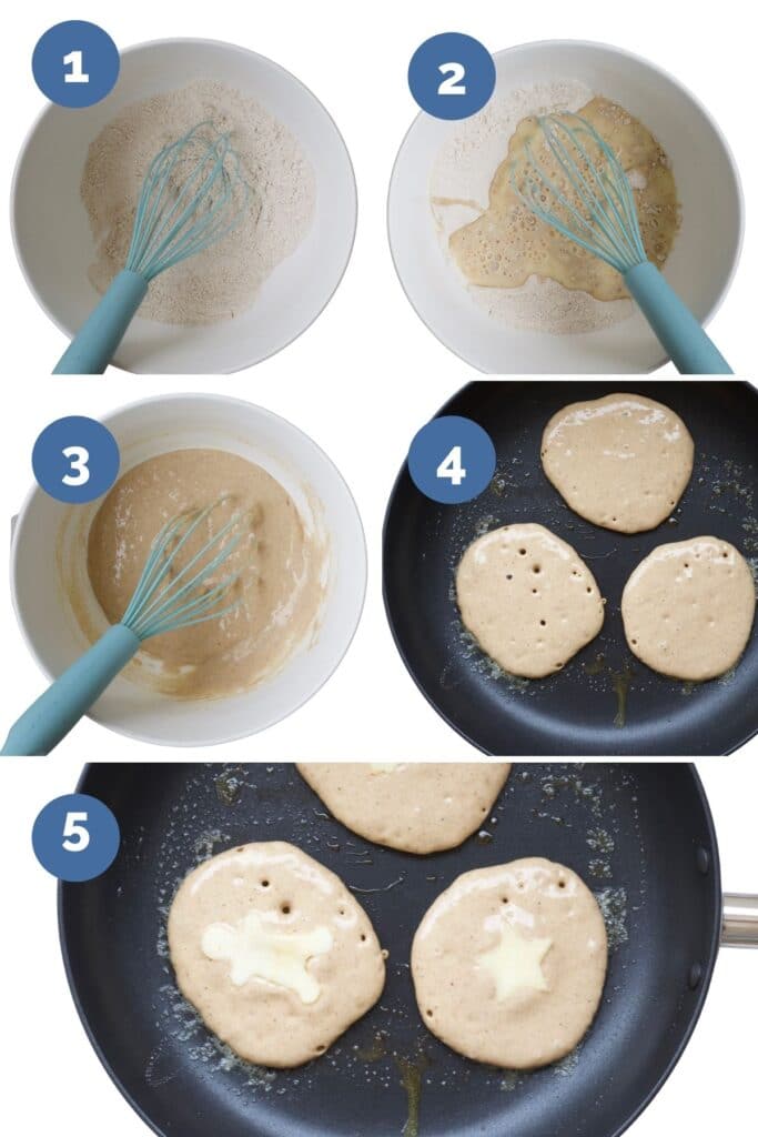Collage of 5 Images Showing How to Make Festive Pancakes 1) Mixing Dry Ingredients 2)Adding Wet to Dry 3) Mixing Wet and Dry 4) Pancakes in the Pan with Bubbles 5) Apple Christmas Shape Added to Pancakes
