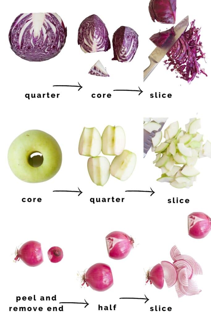 Images Showing How to Prepare the Cabbage, Apple and Onion for Red Cabbage and Apple