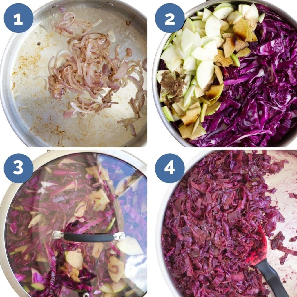 Collage of Four Images Showing The Different Cooking Steps of Red Cabbage and Apple. 1) Saute Onion, 2)Add Remaining Ingredients to Pan, 3)Stir and cover 4)Cook low for 1hr