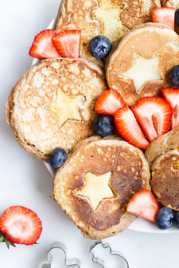 Platter of Christmas Pancakes with Strawberries and Blueberries