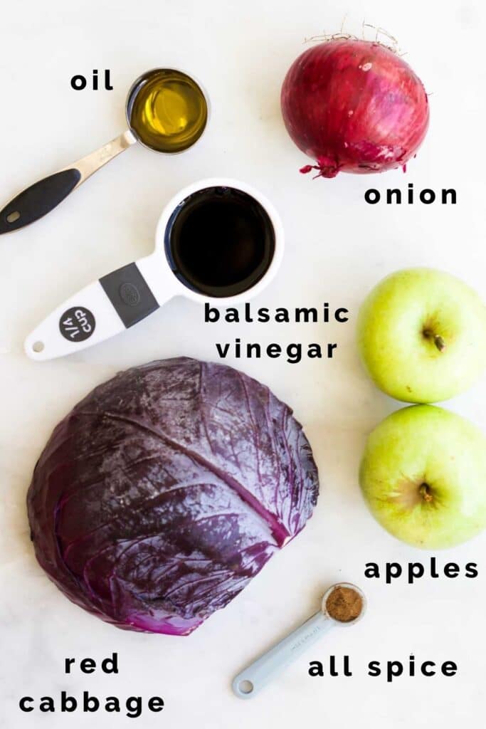 Top Down View of Ingredients Needed to Make Braised Red Cabbage and Apple