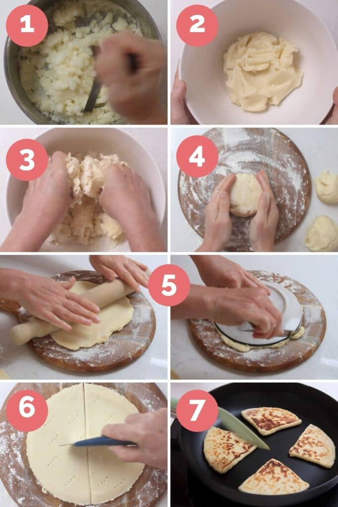Collage of 8 Images Showing the Process Steps for Making Tattie Scones