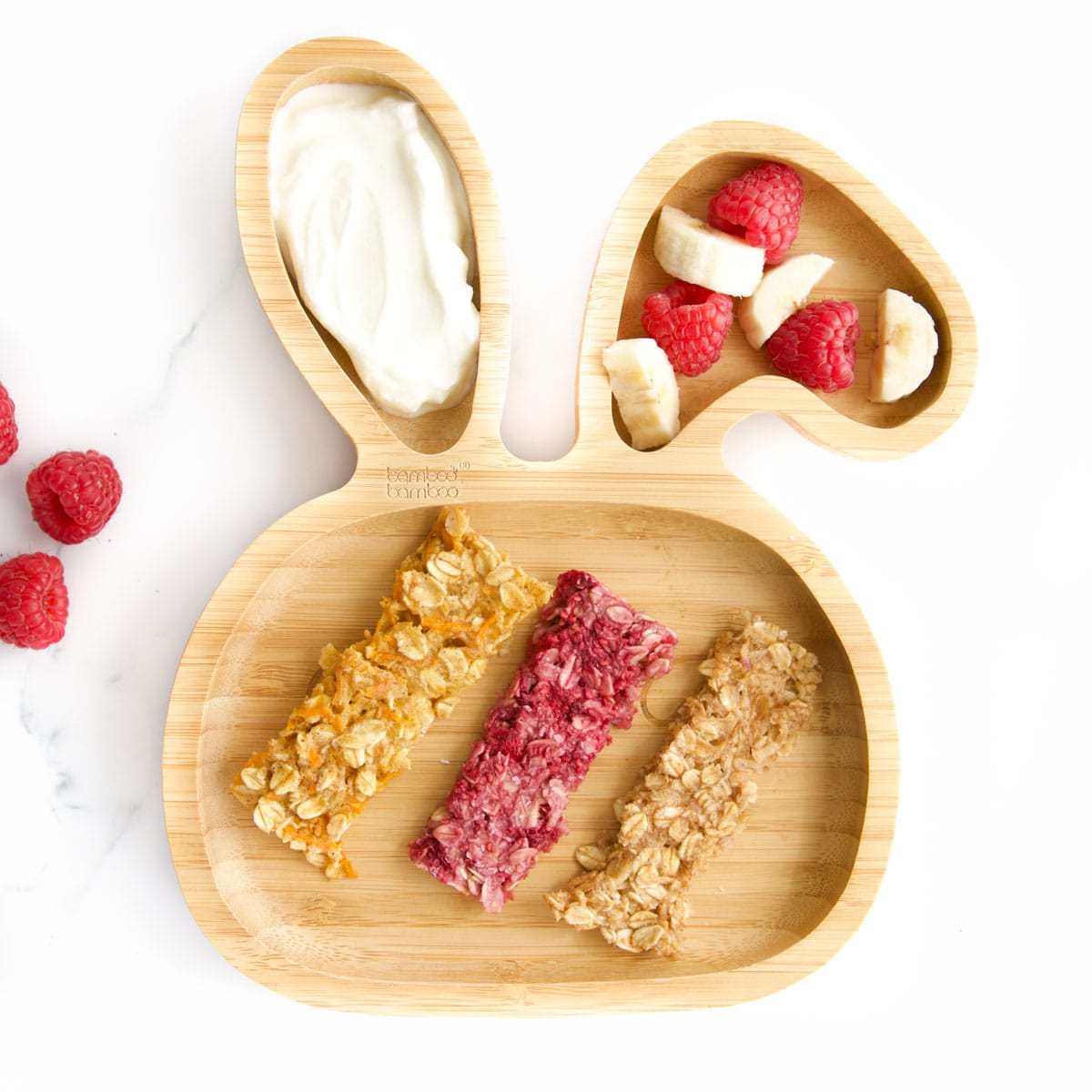 3 Porridge Fingers on Baby Bunny Plate Served with Fruit and Yogurt. 