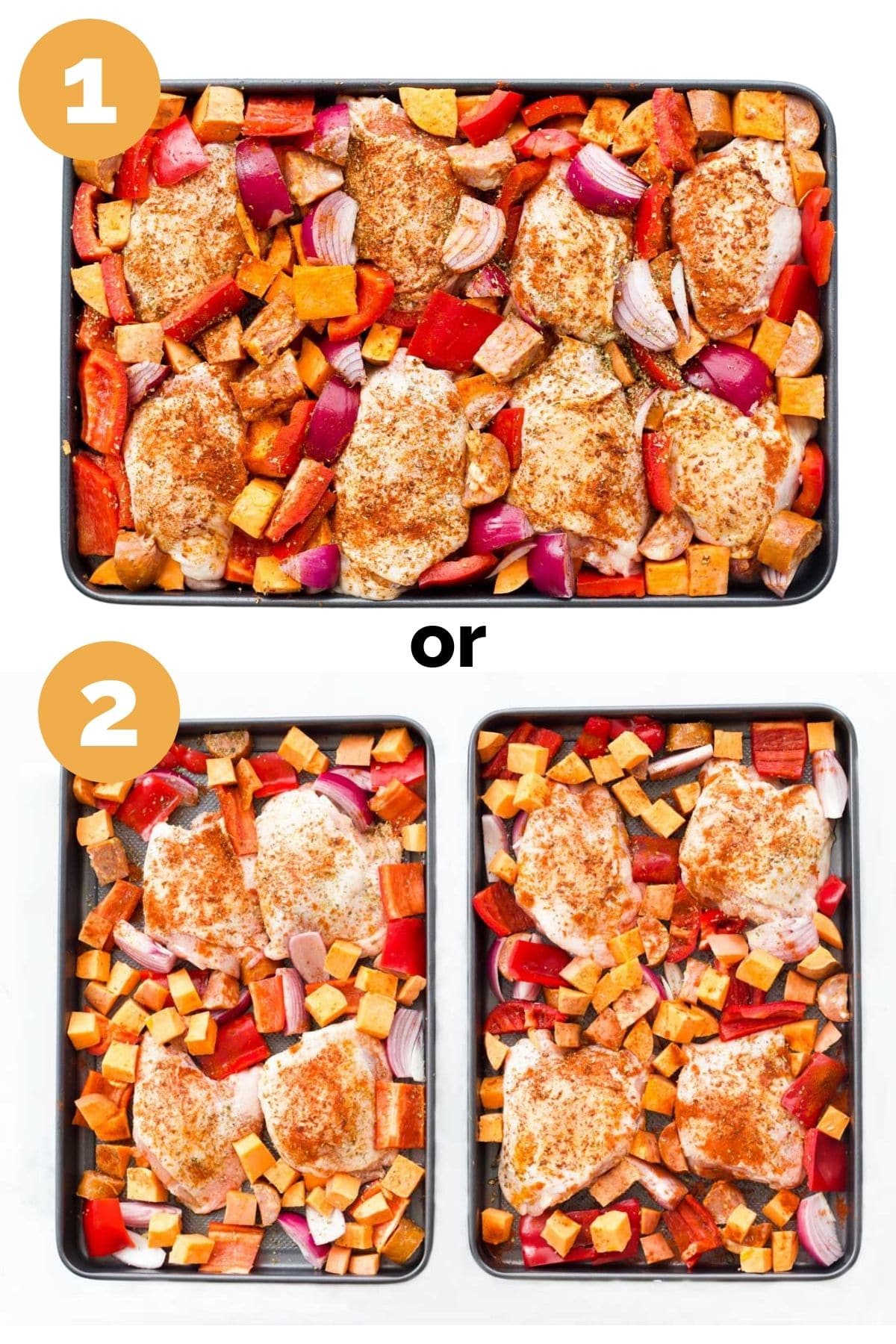 Collage of 2 Images Showing Chicken Tray Bake Ingredients in 1 Tray versus 2 Trays.