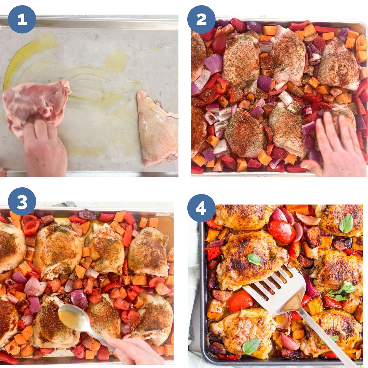 Collage of 4 Images Showing How Process Shots on How to Make Chicken Chorizo Tray Bake. 