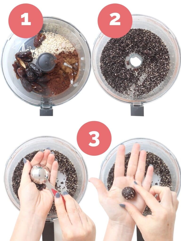 Collage of 4 Images To Show How to Make Cocoa Balls. 1) All Ingredeints in Food Processor 2) Ingredients After they Have Been Processed 3) Remove Tablespoon of Mixture 4) Ball Formed