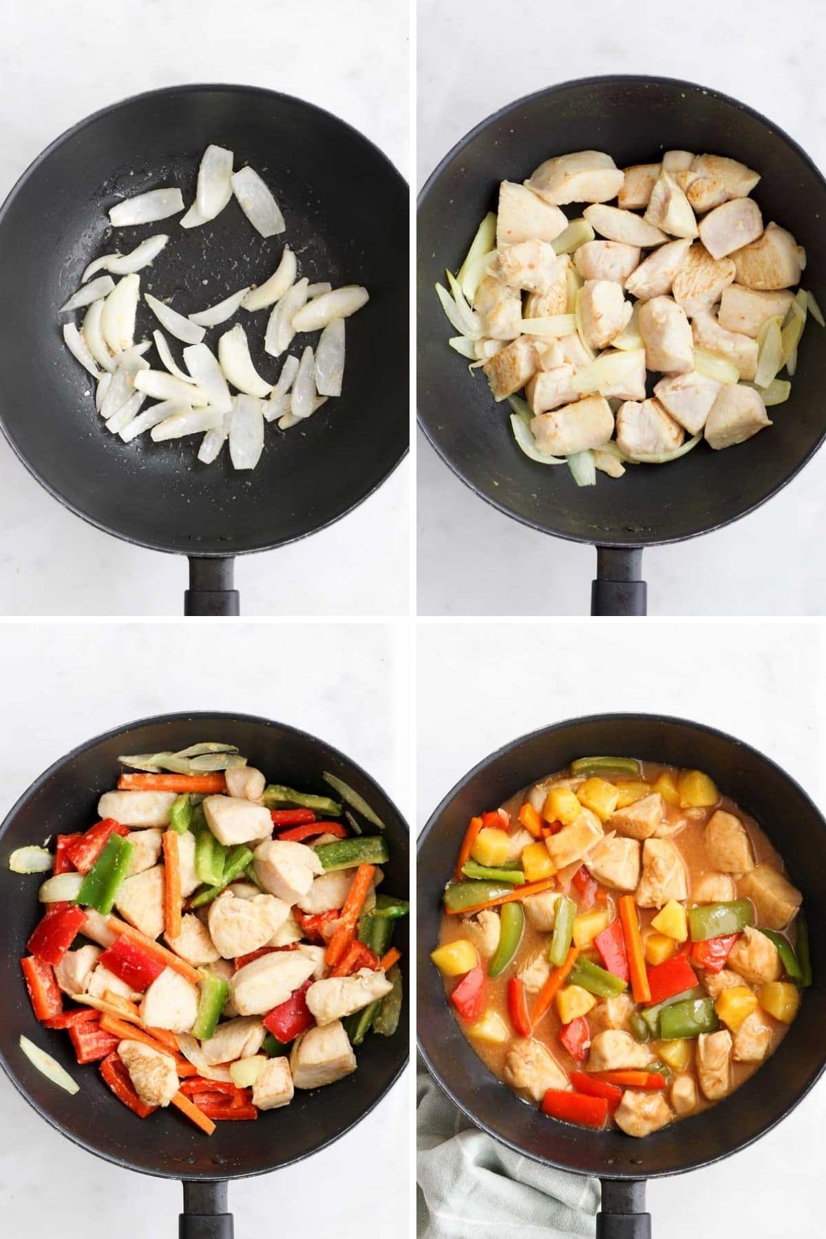 Collage of 4 Images Showing Process Steps for Making Sweet and Sour Chicken.