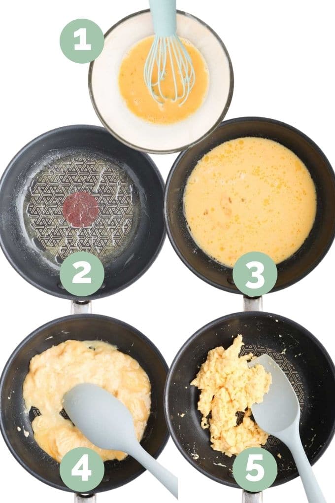 Collage of 5 Images Showing the Process Steps for Making Scrambled Eggs