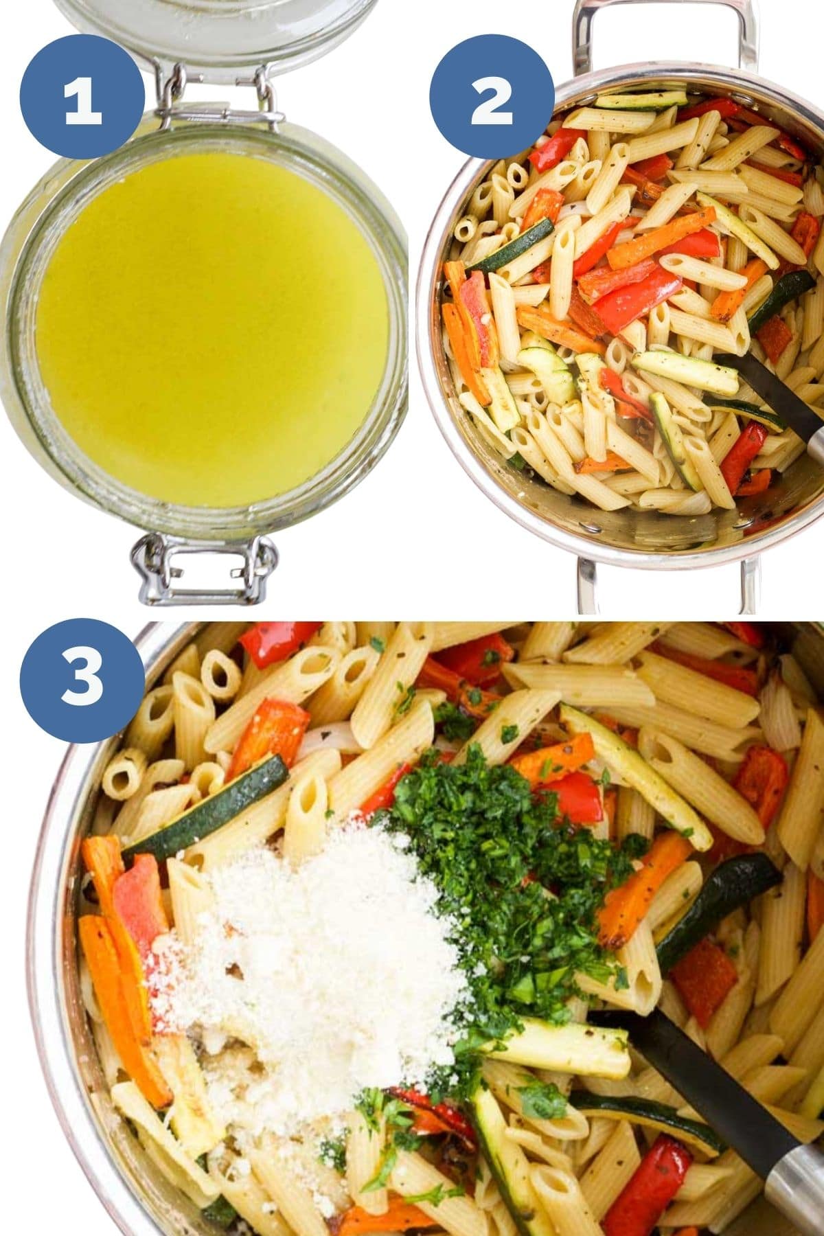 Collage of 3 Images Showing How to Make Roasted Veg Pasta 