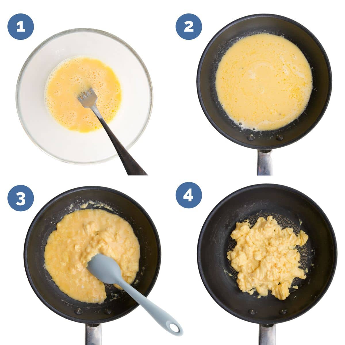 Collage of 4 Images Showing How to Make Scrambled Eggs for Babies. 