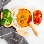 Red Lentil Curry Served with Rice, Broccoli and Strawberries on Toddler / Baby Elephant Shaped Plate