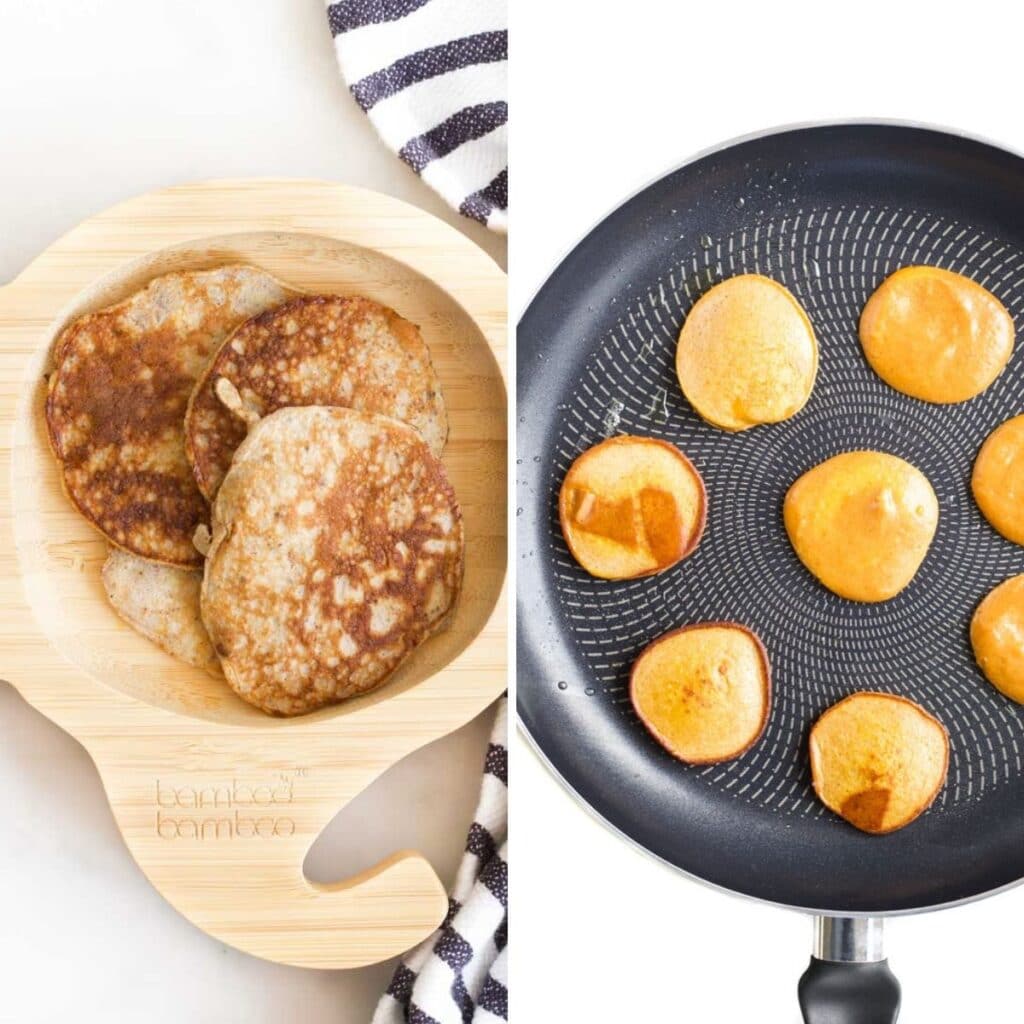 Collage of 2 images 1) banana egg pancakes 2)sweet potato egg pancakes
