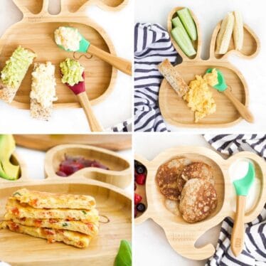 Collage of 4 Images Showing Baby Friendly Egg Recipes (mashed egg, scrambled egg, omelette fingers and banana egg pancakes)