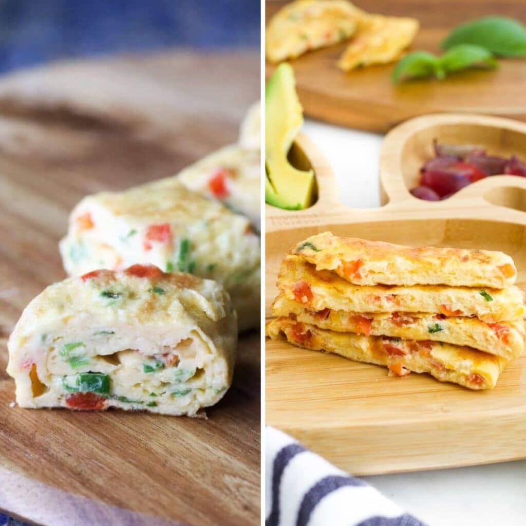 Collage of 2 Omelette Images. Image 1 Omelette Rolls on Wooden Chopping Board and Image 2 Omelette Fingers