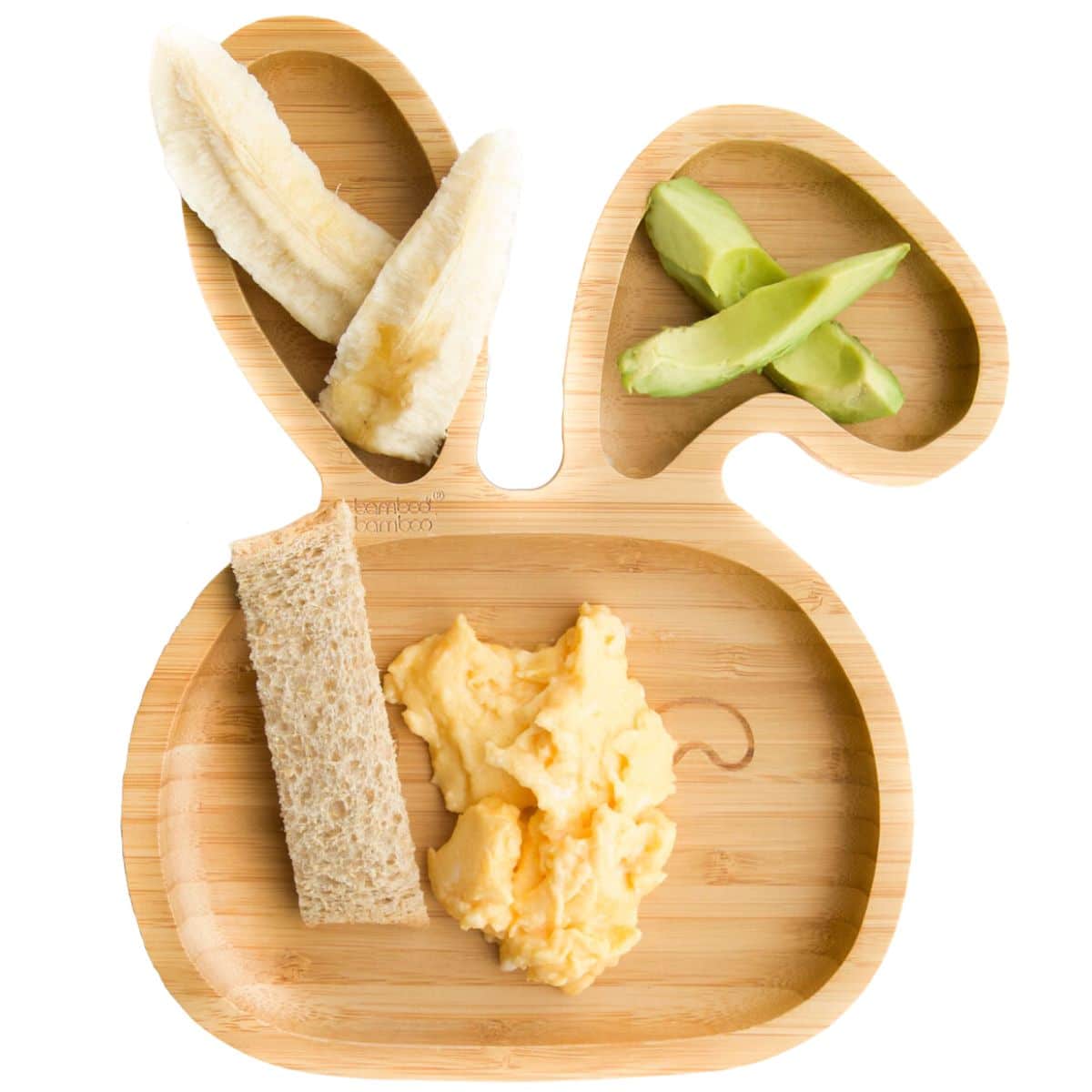 Scrambled Egg on Baby Bunny Plate Served With Toast Fingers, Banana and Avocado.