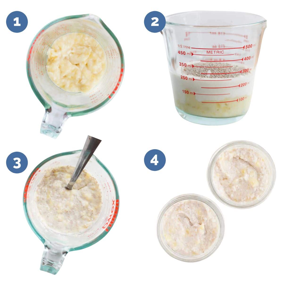 Collage of 4 Images Showing How to Make Banana Chia Pudding.
