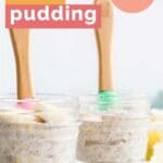2 Banana Chia Pudding in Small Glass Jars with Baby Spoons Sticking Out