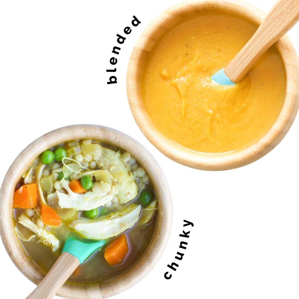 Top Down of Two Wooden Baby Bowls of Soup (Chunky Chicken and Vegetable, Blended Lentil)