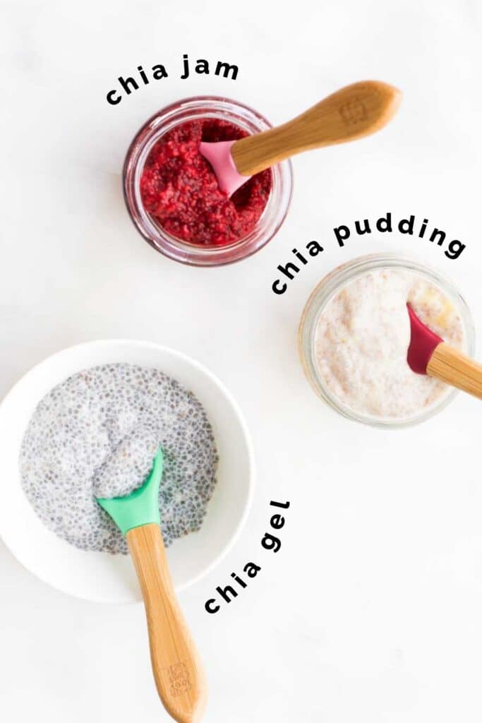 Top Down Shot of Chia Jam, Chia Pudding and Chia Gel in Small Bowls