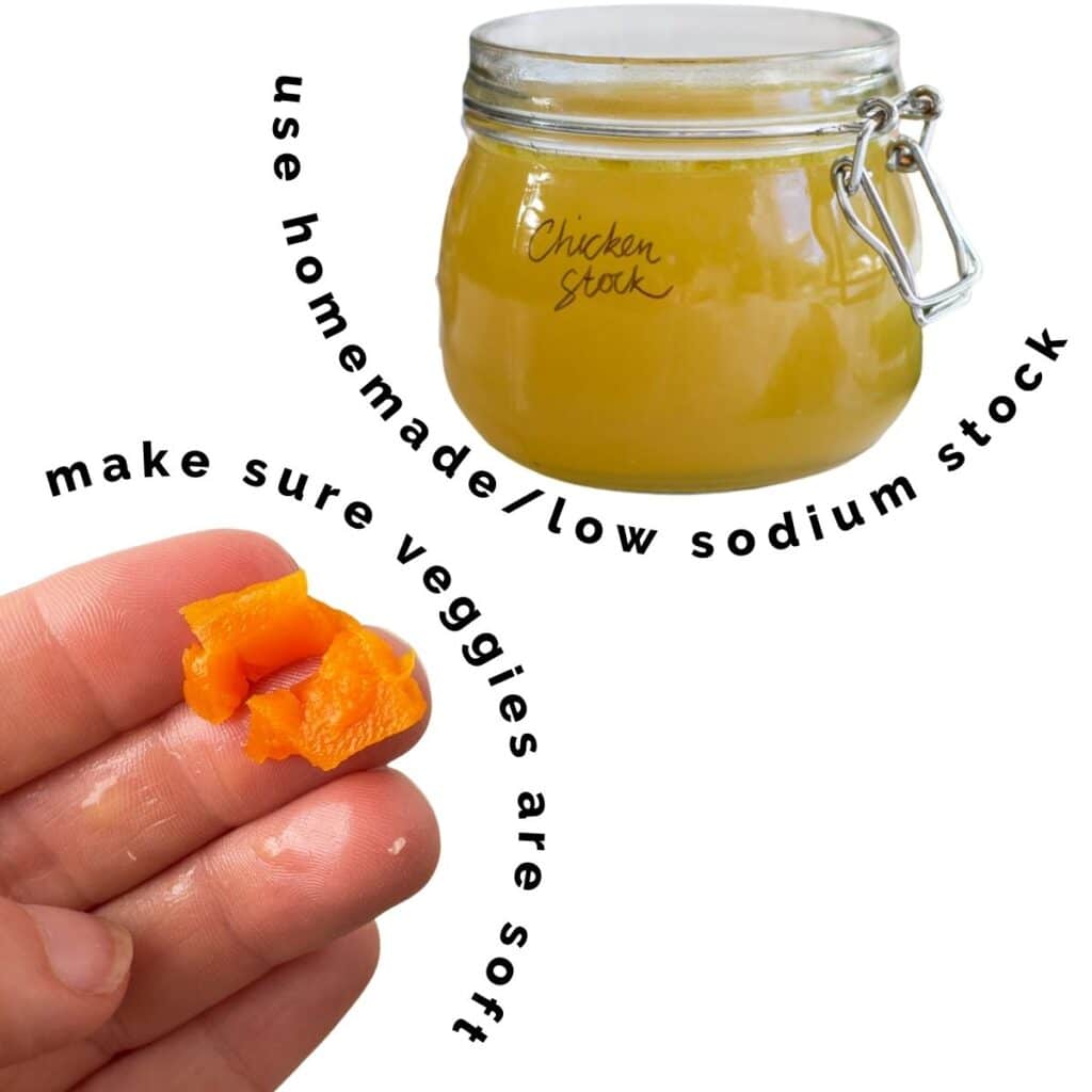 White background with Jar of Homemade Chicken Stock and a Hand holding a Soft Piece of Carrot