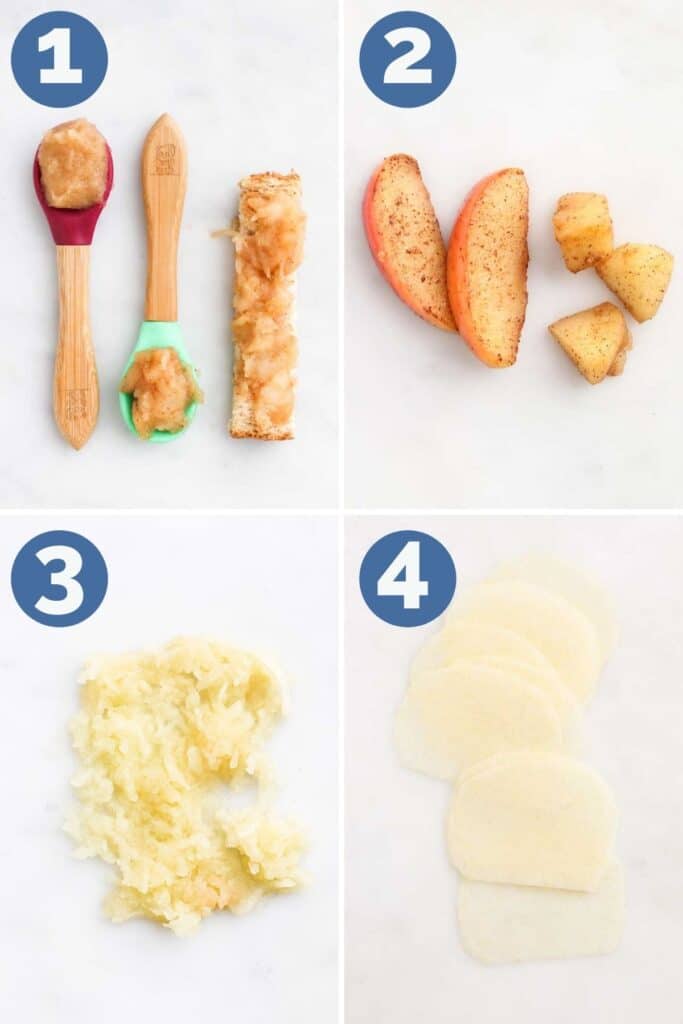 Collage of 4 Images Showing How to Sweve Apple to Baby 1) puree / mashed 2)cooked wedges/chunks 3)grated 4)thin slices