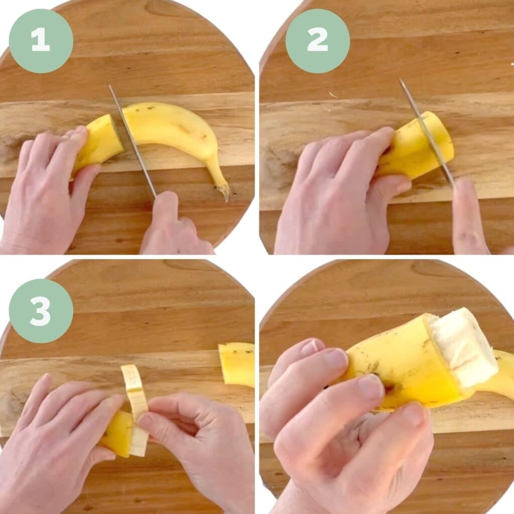 Collage of 4 Images Showing How to Cut a Banana with Skin Handle