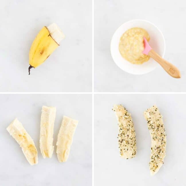 Collage of 4 Images Showing Ways to Serve Banana to a Baby (Banana skin handle, mashed, Spears, rolled in hemp seeds)