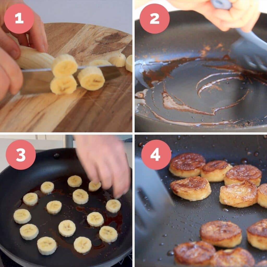 Collage of 4 Images Showing How to Make Cinnamon Bananas