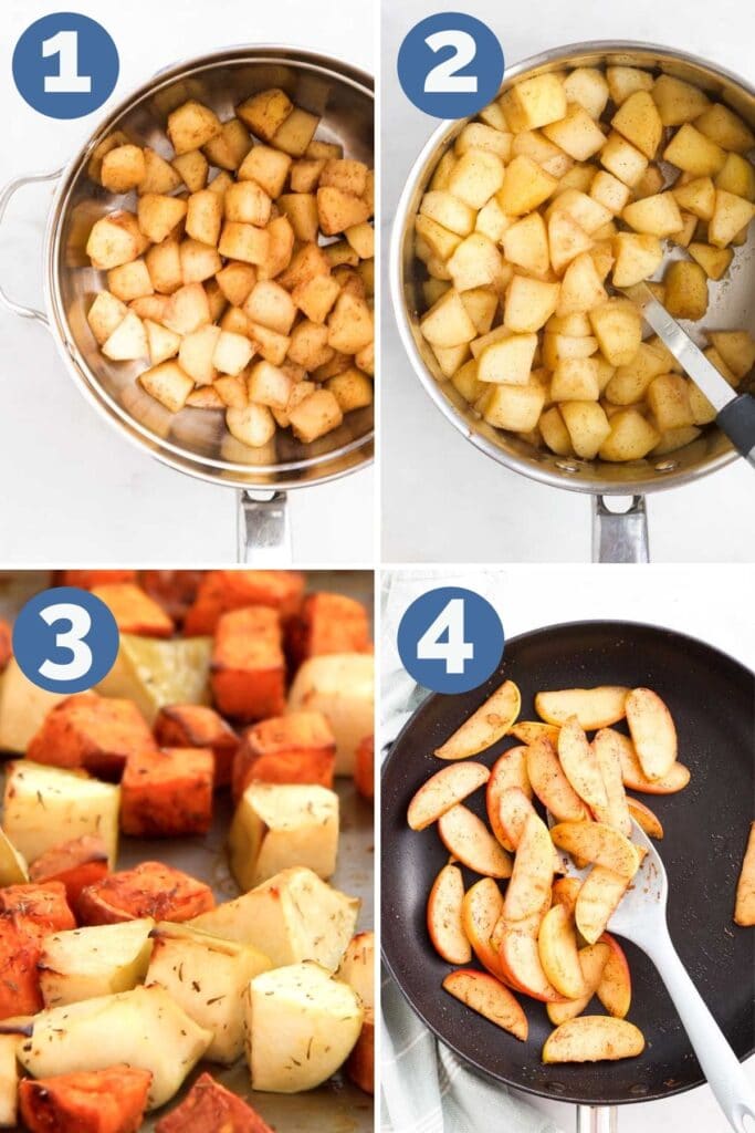 Collage of 4 Images Showing How to Soften Apples. 1)Steam 2)Simmer 3)Roast 4)Saute