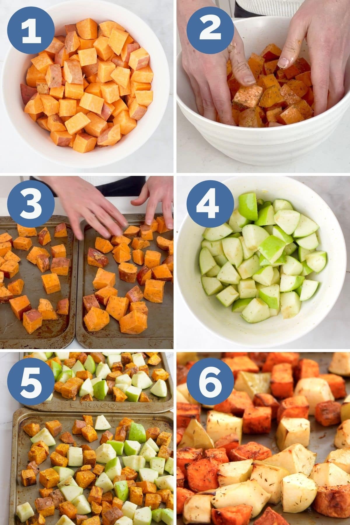 Collage of 6 Images Showing Process Steps for Making Sweet Potato and Apple Tray Bake