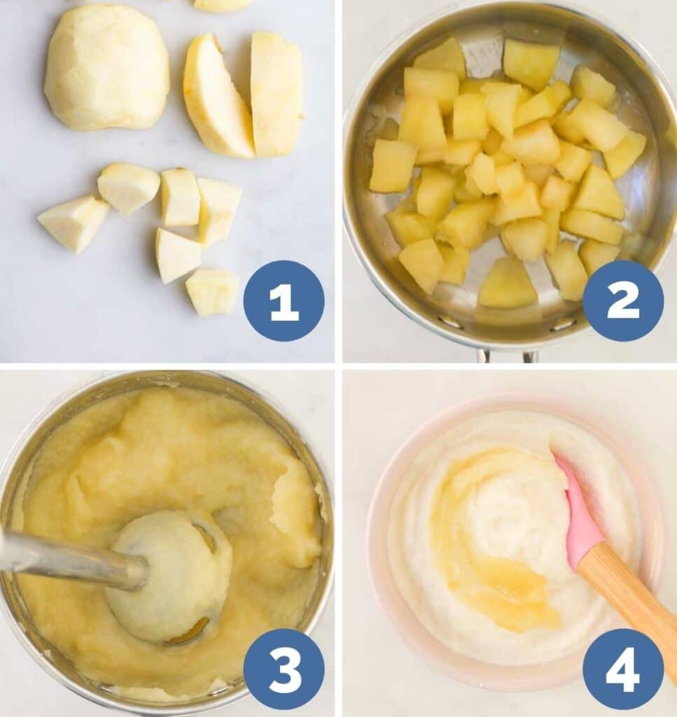 Collage of 4 Images Showing Process Steps to Make Apple Yogurt