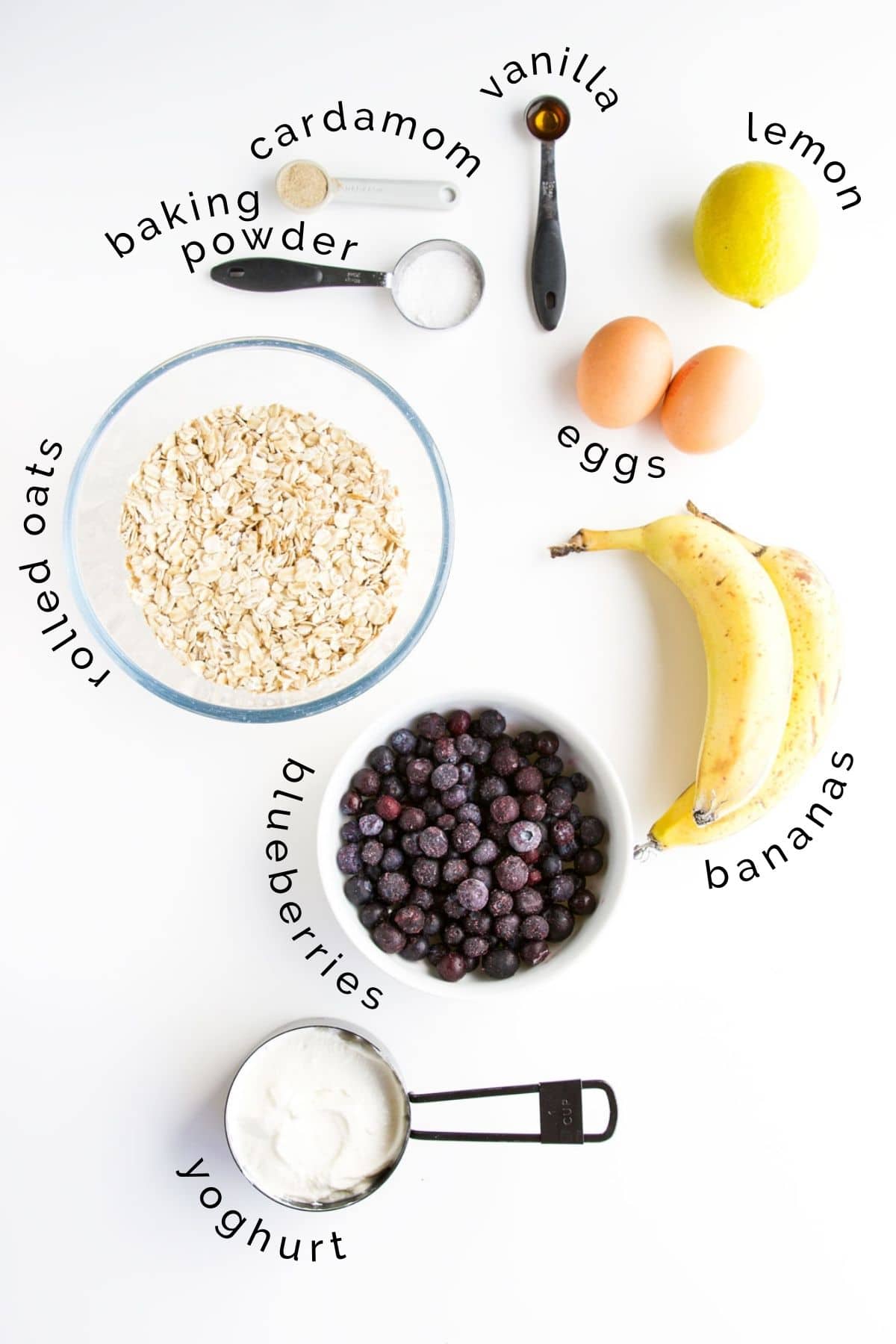 Flat Lay of Baby Blueberry Muffins Ingredients (Labelled)