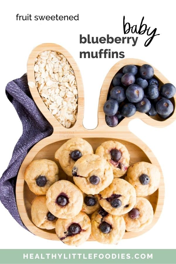 Blueberry Muffin Pinterest Toddler Bunny Plate of Blueberry Muffins with Text Overlay "Baby Blueberry Muffins"
