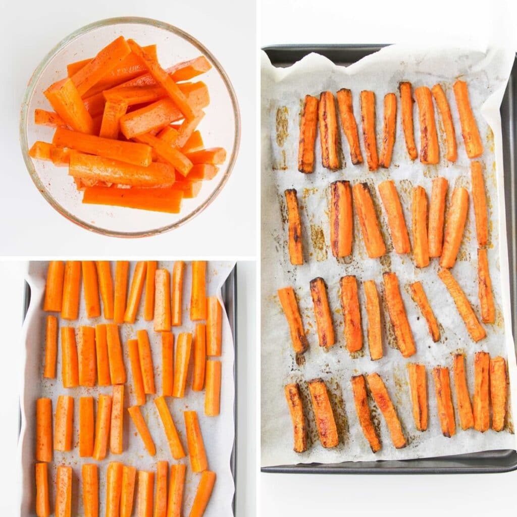 Collage of 3 Images Showing How to Roast Carrot Sticks