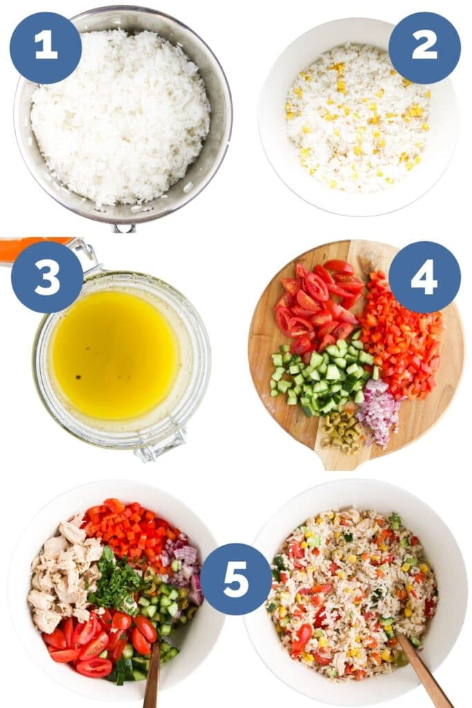 Six Process Shot Photos for How to Make Tuna Rice (1) Rice Cooked in Pan (2) Rice and Sweetcorn Mixed (3) Dressing Ingredients Mixed (4) Salad Ingredients Chopped (5) All Ingredients in Bowl (6) Ingredients Mixed Together