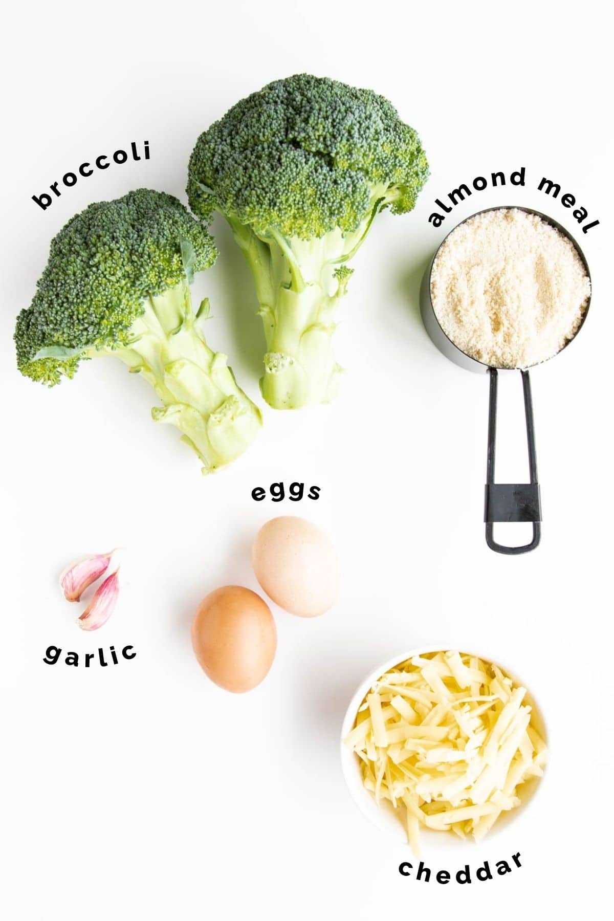 Flat Lay of Ingredients Needed to Make Broccoli Tots (labelled)