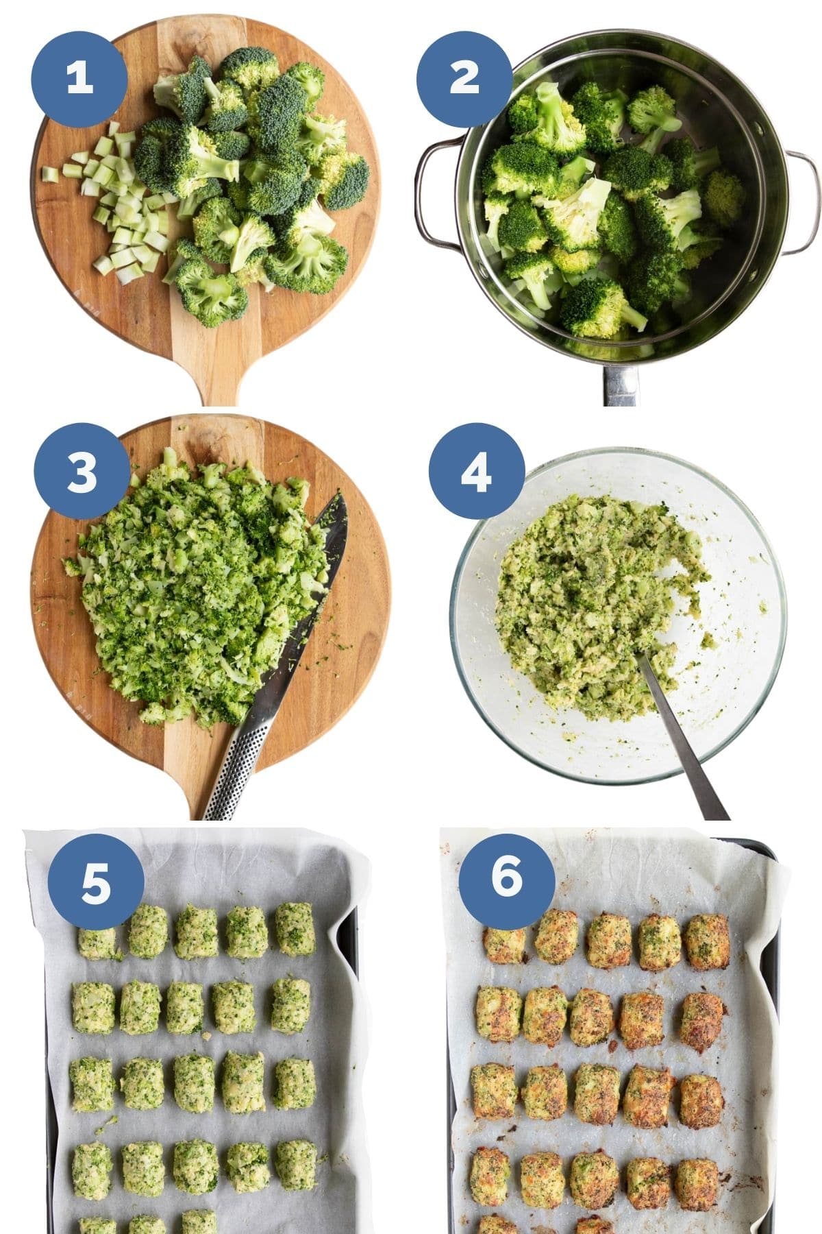 Collage of Six Images Showing How to Make Broccoli Tots