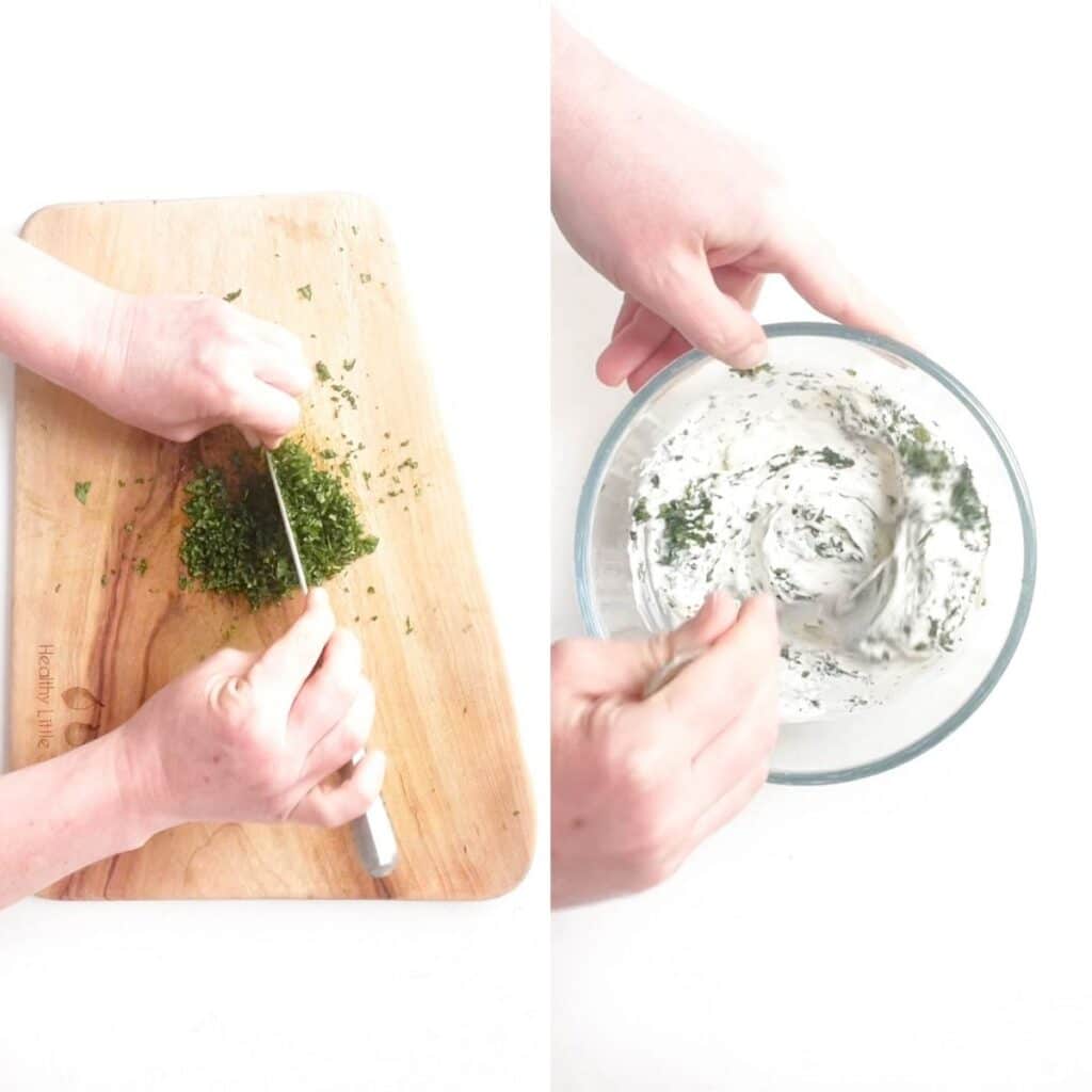 Collage of 2 Images 1)Chopping Mint on Chopping Board 2)Mixing Yogurt Dip Ingredients in Bowl